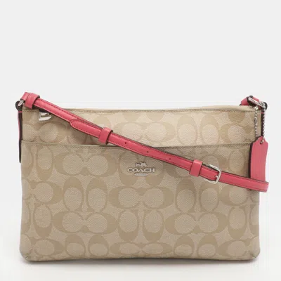 Pre-owned Coach East/west Pop Up Pouch Beige/pink Signature Coated Canvas Crossbody Bag In Sand
