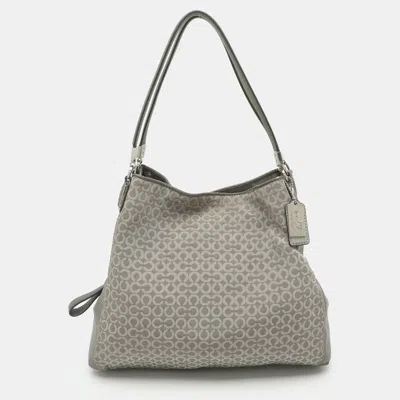 Pre-owned Coach Edie Grey Signature Canvas And Leather Shoulder Bag