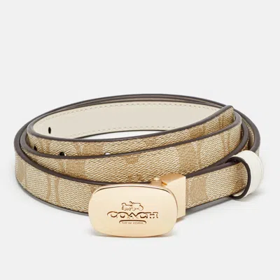 Pre-owned Coach Eliza Cut To Size Reversible Buckle Belt Beige Signature Coated Canvas And Leather In Sand