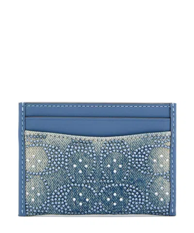 Coach Embellished Denim And Leather Card Holder In Blue