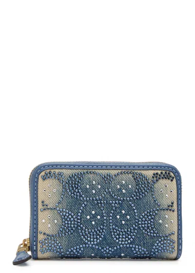 Coach Embellished Denim And Leather Wallet