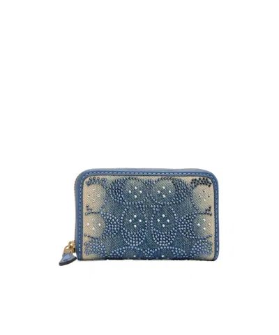 Coach Embellished Denim And Leather Wallet In Blue