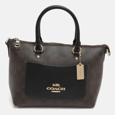 Pre-owned Coach Emma Mini Brown/black Signature Coated Canvas And Leather Satchel