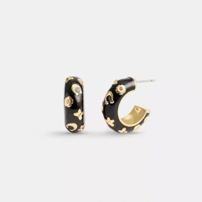 Coach Enamel Signature Floral Huggie Earrings In Gold/black