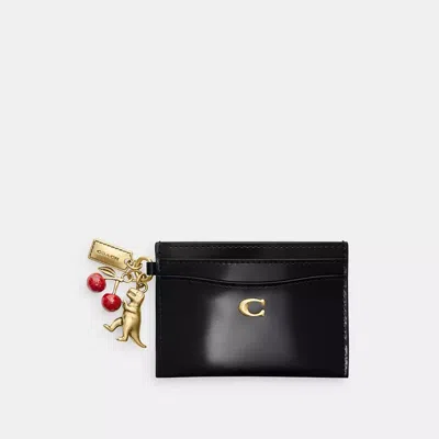 Coach Essential Card Case In Spazzolato Leather With Charms In Black