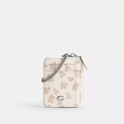 Coach Essential Chain Card Case With Floral Print In Silver/chalk Multi