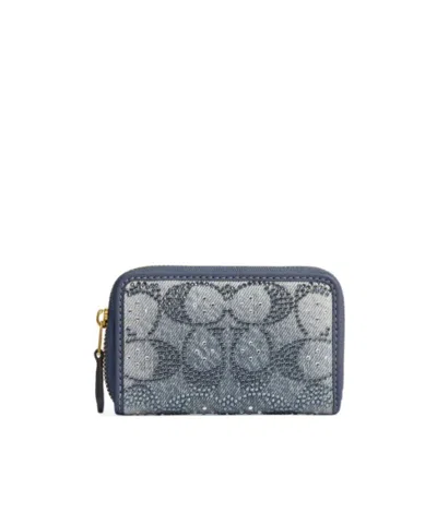 Coach Essential Signature Small Zip-around Card Holder In Denim With Crystals In Blue