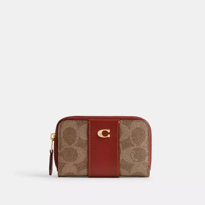 Coach Essential Small Zip Around Card Case In Signature Canvas In Brass/tan/rust