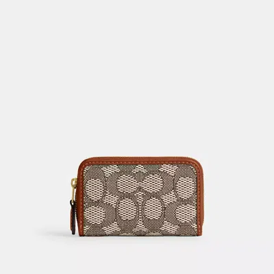 Coach Essential Small Zip Around Card Case In Signature Jacquard In Brass/cocoa Burnished Amber