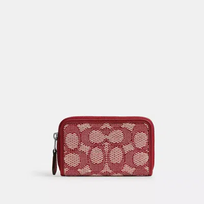 Coach Essential Small Zip Around Card Case In Signature Jacquard In Silver/ruby Ivory