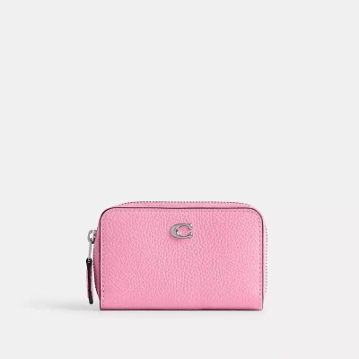 Coach Essential Small Zip Around Card Case In Silver/vivid Pink