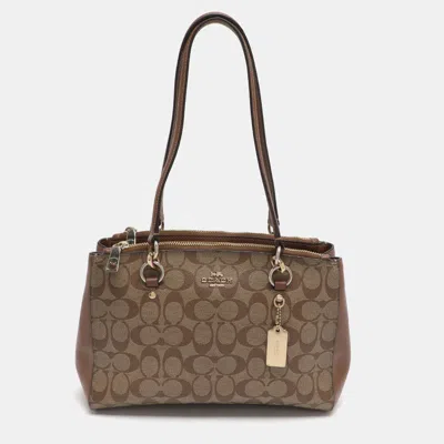 Coach Etta Carryall Beige/brown Signature Coated Canvas And Leather Satchel