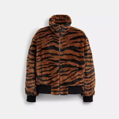 Coach Faux Fur Bomber Jacket In Recycled Polyester In Brown