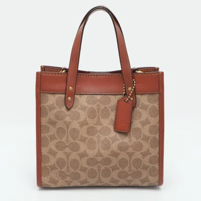 Pre-owned Coach Field 22 Beige/brown Signature Canvas And Leather Tote