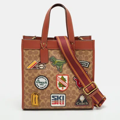 Pre-owned Coach Field Patches Brown Signature Coated Canvas And Leather Tote