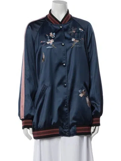 Pre-owned Coach Floral Print Bomber Jacket In Blue