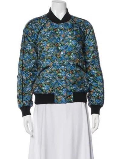 Pre-owned Coach Floral Print Bomber Jacket In Blue