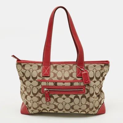 Pre-owned Coach Front Zip Red/beige Signature Canvas And Leather Tote