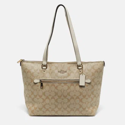 Pre-owned Coach Gallery Beige Signature Coated Canvas Tote In Sand