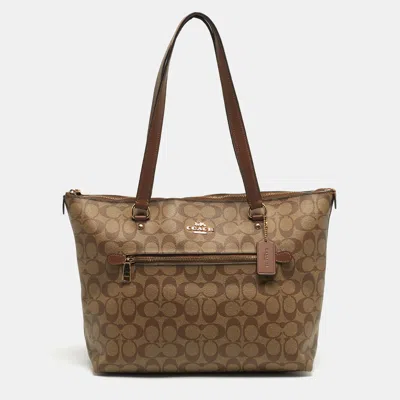 Pre-owned Coach Gallery Beige/brown Signature Coated Canvas And Leather Tote In Sand