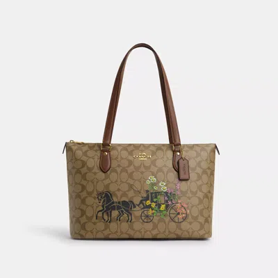 Coach Gallery Tote In Signature Canvas With Floral Horse And Carriage In Beige