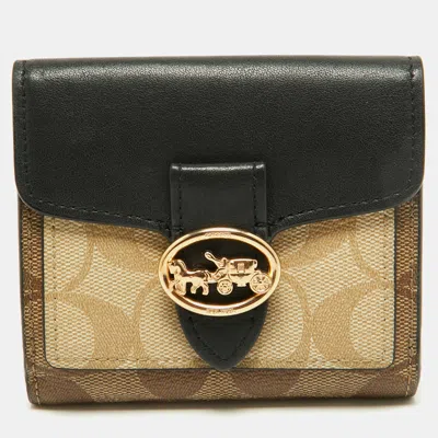Pre-owned Coach Georgie Beige/black Signature Coated Canvas And Leather Compact Wallet In Sand