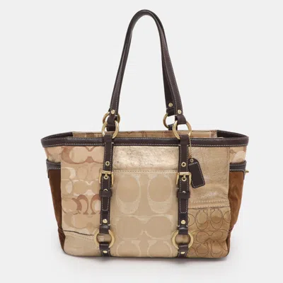 Pre-owned Coach Gold Signature Canvas Suede And Leather Patchwork Tote In Multi