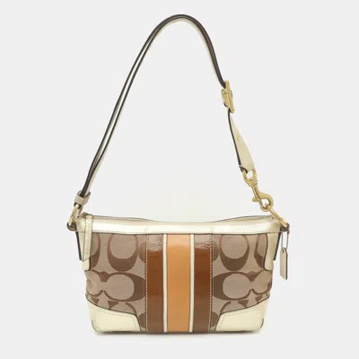 Pre-owned Coach Gold/beige Signature Canvas And Leather Shoulder Bag