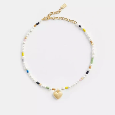 Coach Signature Heart Beaded Pearl Choker Necklace In Gold/multi