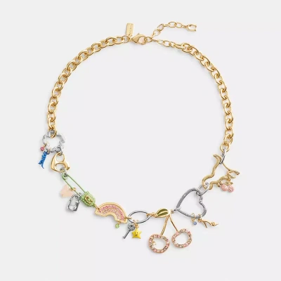 Coach Safety Pin Charm Necklace In Gold/multi