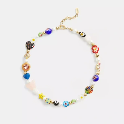 Coach Beaded Charm Necklace In Gold/multi