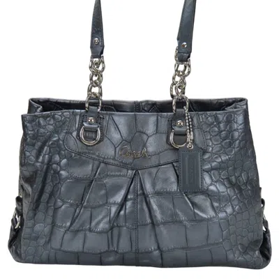 Pre-owned Coach Gray Metallic Navy Leather Tote Bag ()