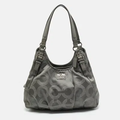 Pre-owned Coach Grey Signature Satin And Leather Madison Maggie Hobo In Gray