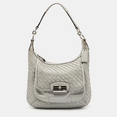 Pre-owned Coach Grey Woven Leather Kristin Hobo