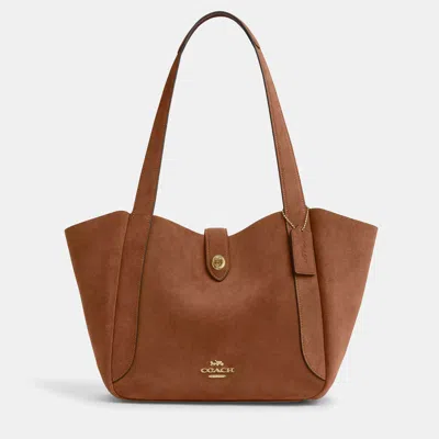 Pre-owned Coach Hadley Turnlock Tan Suede Tote Bag In Brown