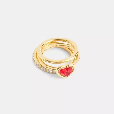 Coach Halo Heart Ring Set In Gold/red