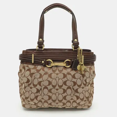Pre-owned Coach Hampton Beige Signature Canvas And Leather Tote