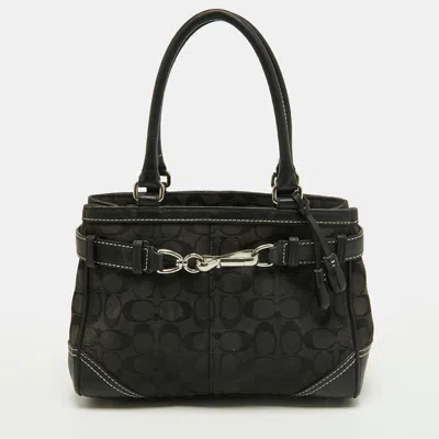 Pre-owned Coach Hampton Black Signature Canvas And Leather Tote