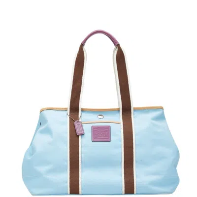 Pre-owned Coach Hamptons Brown Light Blue Nylon Shoulder Bag Tote Bag ()