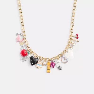 Coach Heart And Taxi Statement Charm Necklace In Gold/multi