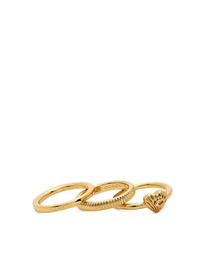 Coach Heart Textured Ring (set Of Three) In Gold