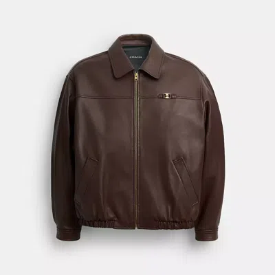 Coach Heritage C Plaque Oversized Leather Jacket In Brown