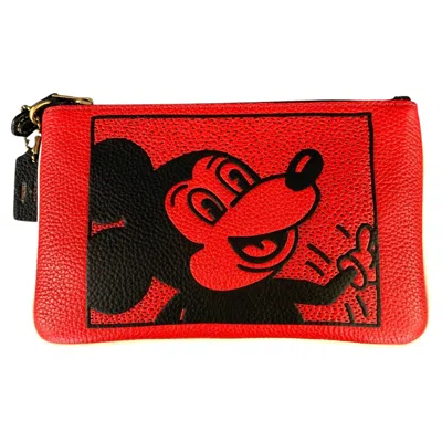 Pre-owned Coach Hol2020 Red Black C1174 Mickey Pebble Grain Leather Wallet