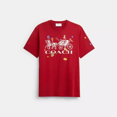 Coach Horse And Carriage Sticker T-shirt In Organic Cotton In Red