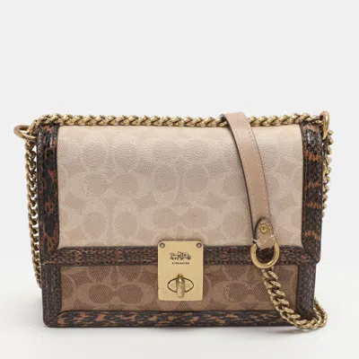 Pre-owned Coach Hutton Brown Signature Coated Canvas And Snakeskin Trim Shoulder Bag