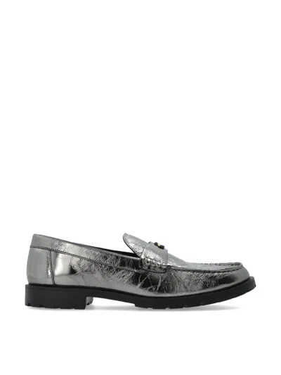Coach Jocelyn Crinkle Leather Logo Loafers In Silver