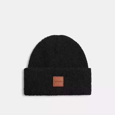 Coach Knit Beanie With Leather Patch In Black