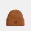 Coach Knit Beanie With Leather Patch In Honey Brown