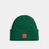 Coach Knit Beanie With Leather Patch In Ivy