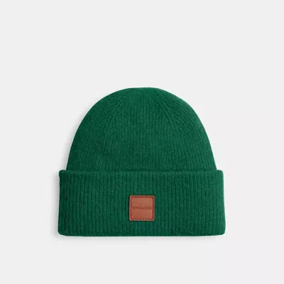 Coach Knit Beanie With Leather Patch In Ivy